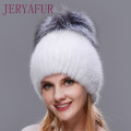 JERYAFUR Russian winter hat for women natural fur mink cap with full fox fur fashion elegant ladies Skullies hat