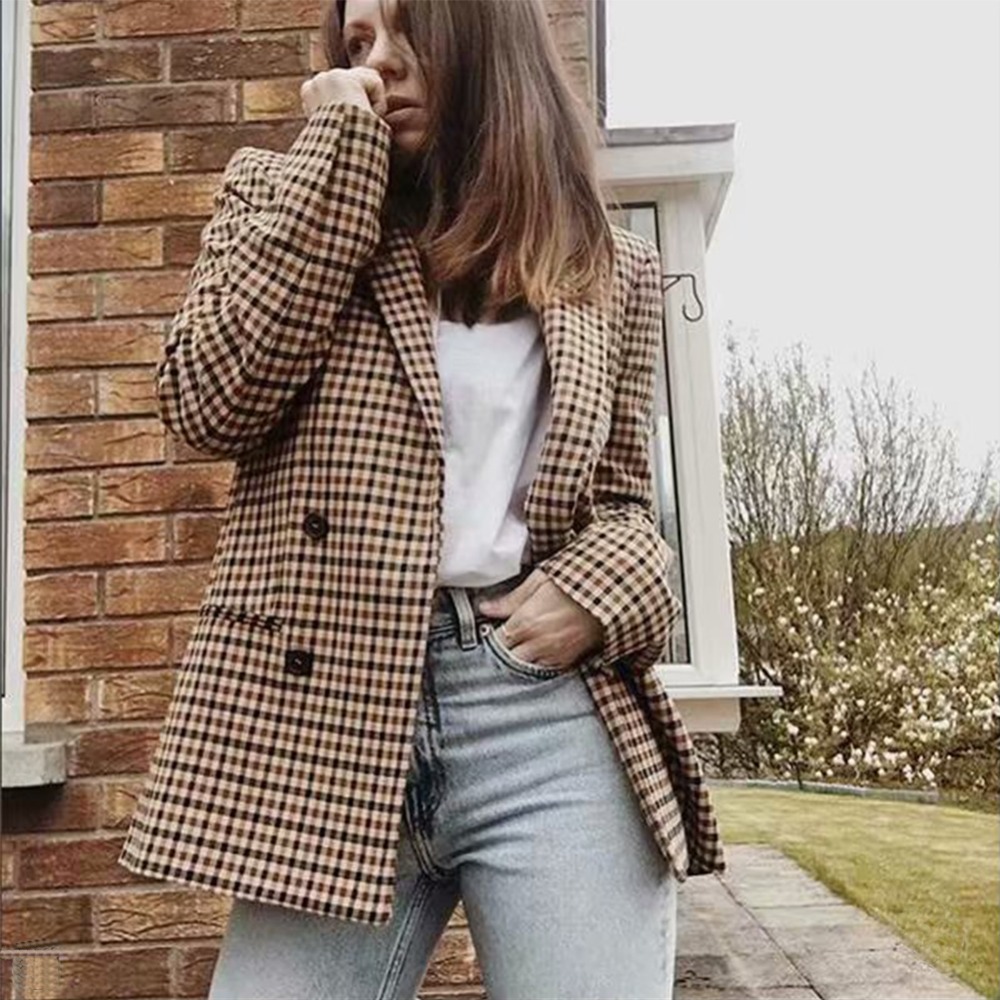 2019 Women's Plaid Blazer Autumn Winter Suit Coat Loose Overcoat For Women Casual Office Ladies Clothing Double Breasted Blazer