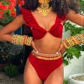 Sexy Women Bikini Ethnic Floral Swimsuit African Bathing Suit High Waist Printed Cover Up Ruffle Bikini Set Swimwear Beach Wear