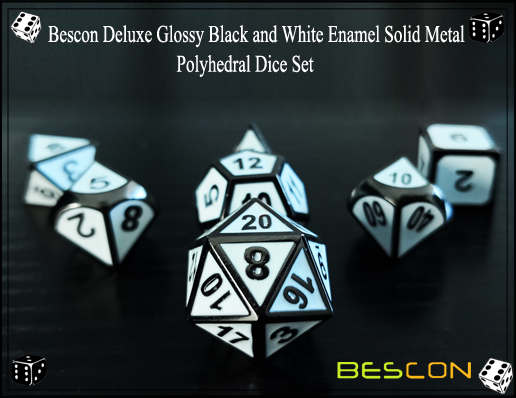 Bescon Deluxe Glossy Black and White Enamel Solid Metal Polyhedral Role Playing RPG Game Dice Set (7 Die in Pack)-1