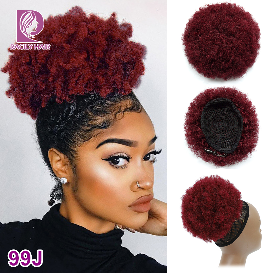 Racily Hair Afro Puff Drawstring Ponytail Human Hair Ombre Kinky Curly Ponytail Clip Ins Brazilian Hair Chignon High Puff Bun