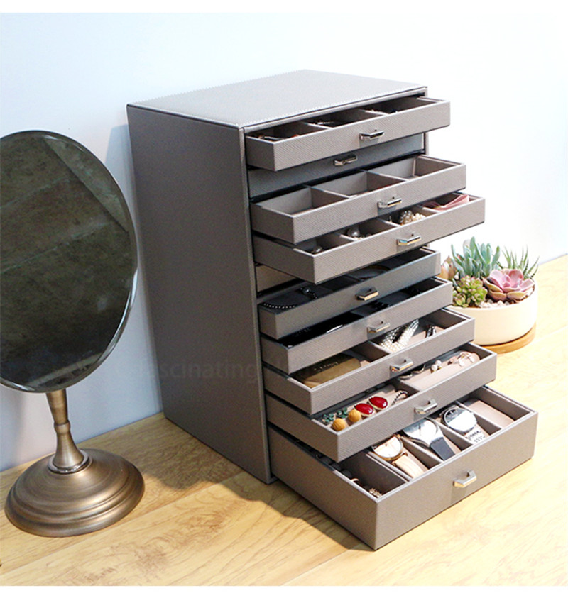 Leather Multi-Layer 10 Floors Jewelry Box Necklace Bracelet Earrings Ring Storage Box Jewelry Finishing Box Drawer Type Display