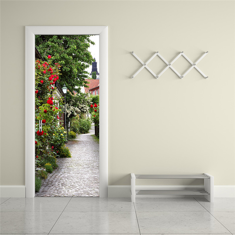 Leaves Stone Roads French Town Scenic Roses DIY 3D Door Sticker for Kids Room Door Home Decoration Accessories
