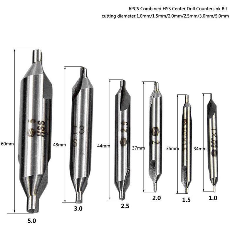 6pcs/Set Hand Tools Combined HSS Combined Center Drill Countersink Bit Lathe Mill Tackle Tool Set Double 5/3/2.5/2/1.5/1mm