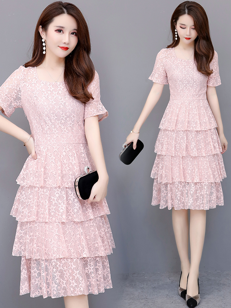 Summer Fashion Lace Women Short Sleeve O-Neck Knee-Length A-Line Pink Beige Black Plus Size Chiffon Cocktail Dresses