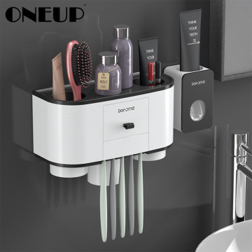 ONEUP Toothbrush Holder Automatic Toothpaste Dispenser Squeezer Wall Mount Bathroom Storage Rack Home Bathroom Accessories Sets