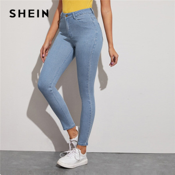 SHEIN Blue Solid Light Wash Five-Pocket Stretchy Cropped Casual Jeans Women Bottoms Spring Button Fly Skinny Denim Trousers