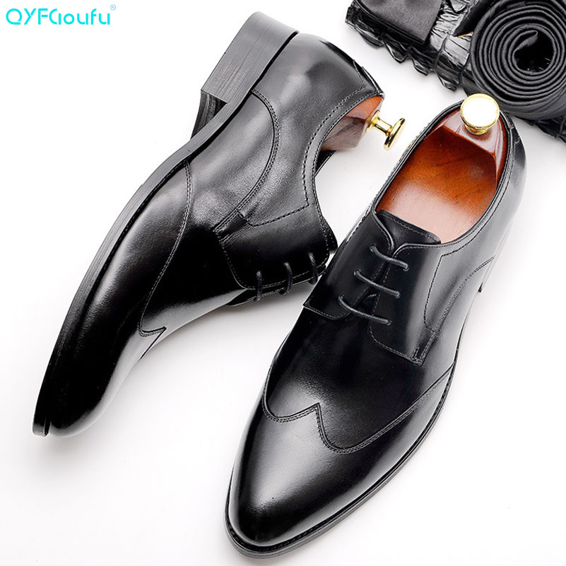 QYFCIOUFU New Arrival Luxury Pointed Toe Men Genuine Leather Shoes Lace-up Mens Dress Shoes Handmade Business Formal Shoes