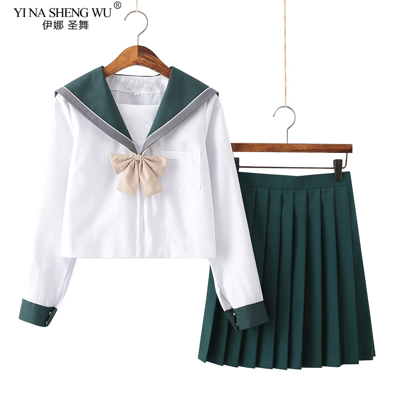 School Uniform Japanese Style Pleated Skirts JK Uniform for Girl High School Student Kawaii Green Sailor Cosplay Korean Clothing