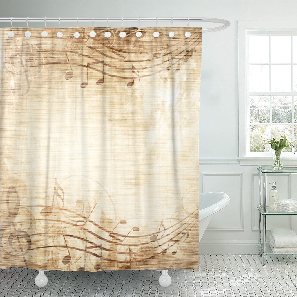 Brown Vintage Old Music Sheet Musical Notes Yellow Page Shower Curtain Waterproof Polyester Fabric 72 x 72 Inches Set with Hooks