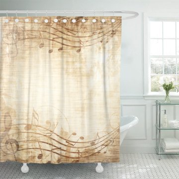 Brown Vintage Old Music Sheet Musical Notes Yellow Page Shower Curtain Waterproof Polyester Fabric 72 x 72 Inches Set with Hooks