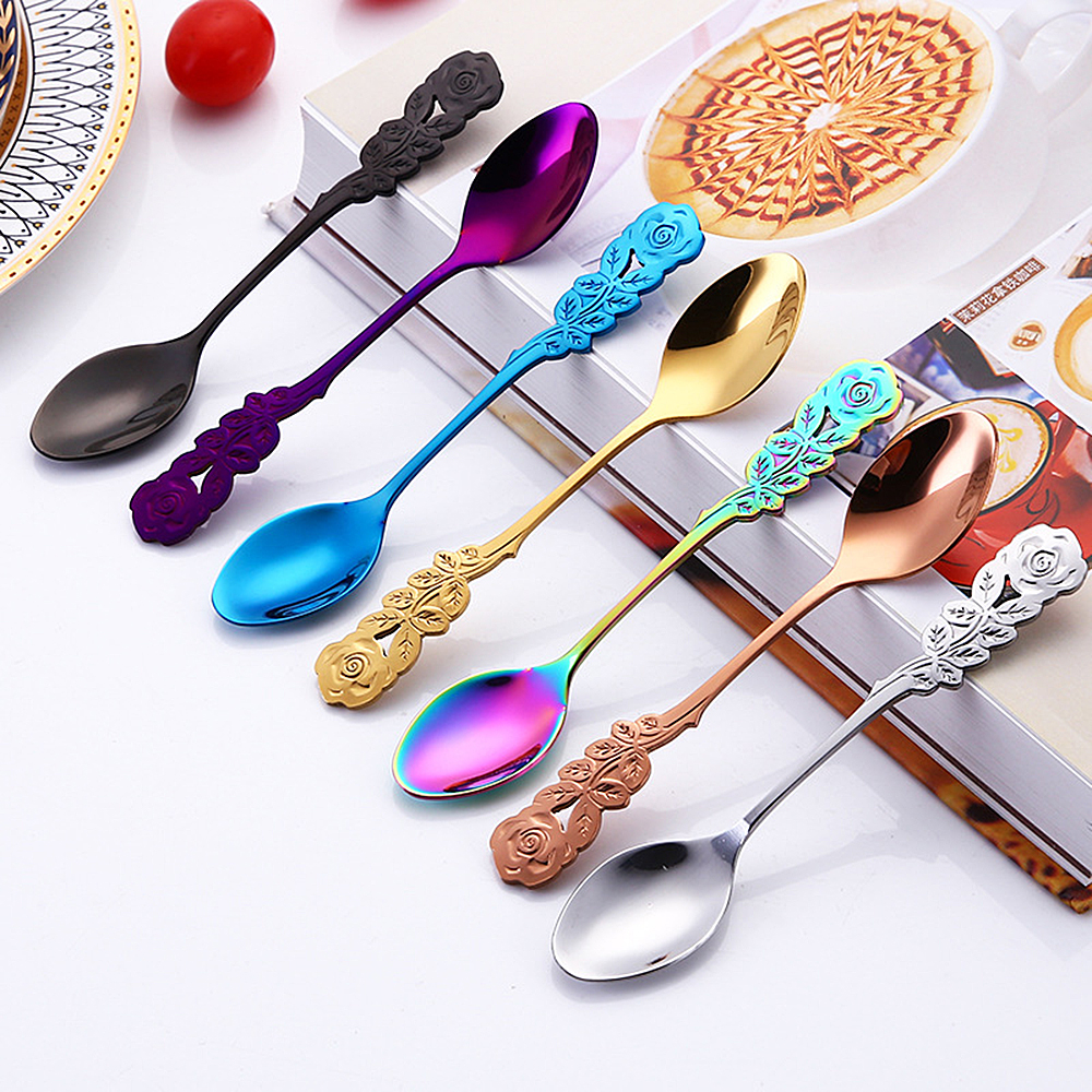 Cute Stirring Spoon Coffee Spoon Rose Colorful Stainless Steel Ice Cream Tea Spoons Bar Tools Dining Kitchen Gadgets Accessories