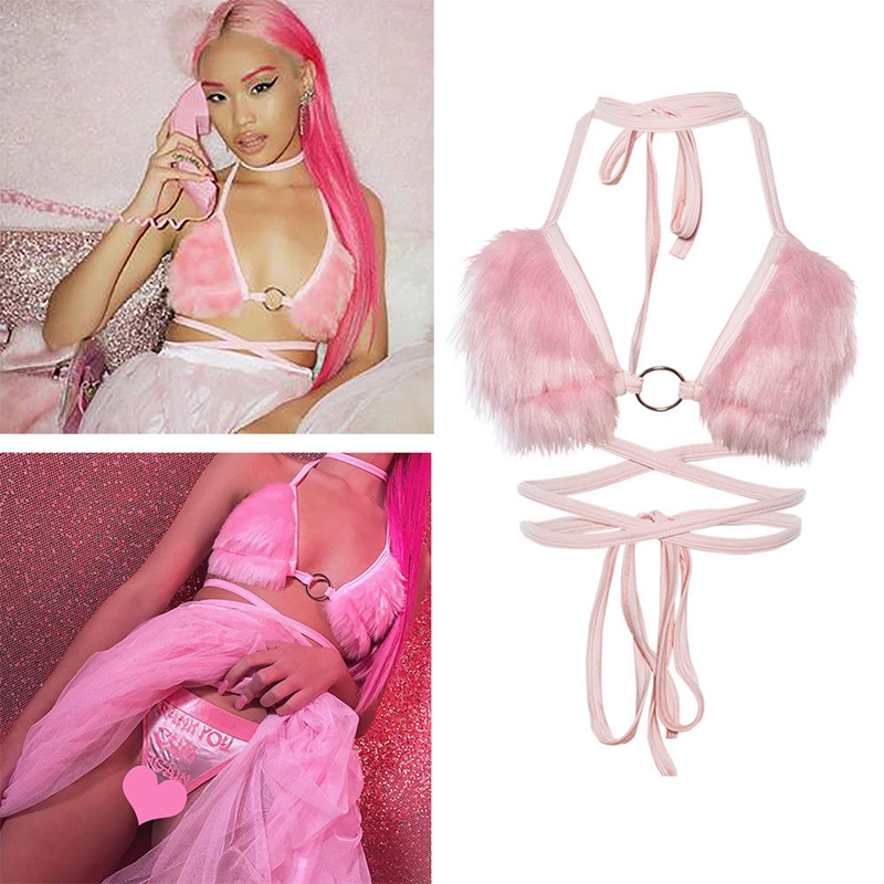 Sexy Women Fur Bras Pink Color Ladies Crop Top Ladies Underwear