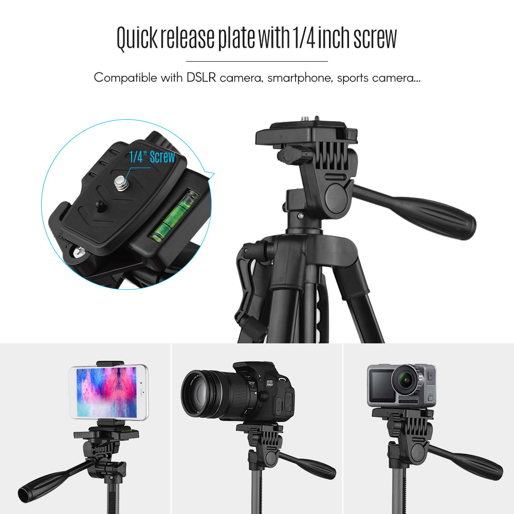 Andoer Aluminum Alloy + ABS Tripod Stand Height 135cm/53in with Carry Bag Phone Holder for Canon Sony Nikon DSLR Camera Stand