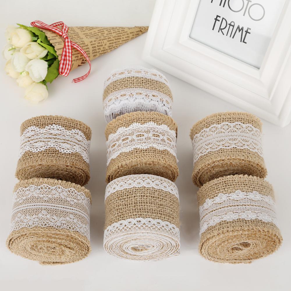 New Arrival vintage width 5cm Natural Jute Burlap Hessian Ribbon with Lace for countryside wedding&party decoration DIY Ribbon