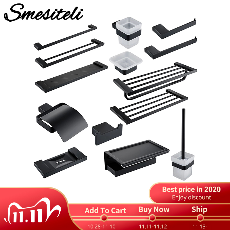 SMESITELI 304 Stainless Steel Bath Hardware Sets Black Robe Hook Towel Holder Bar Shelf Paper Holder Bathroom Accessories Kit