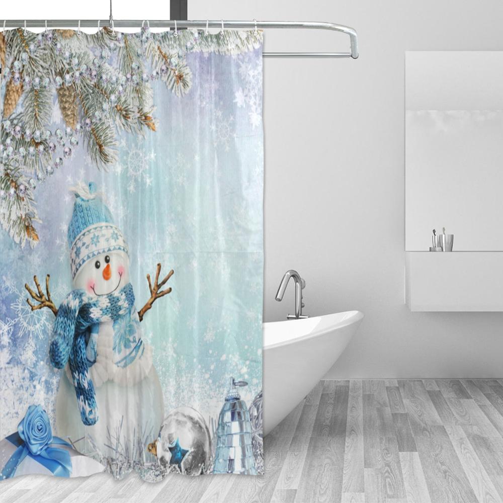 Merry Christmas with Elegant Snowman Shower Curtains Waterproof Polyester Fabric Bath Curtain for Bathroom Decor with 12 Hooks