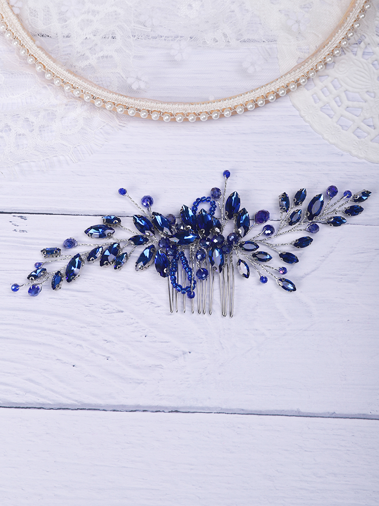 Bohe Blue Bridal Headwear Hair Comb and Earrings Romantic bride's accessories Set Hair Ornaments Tiara for Wedding Headdress