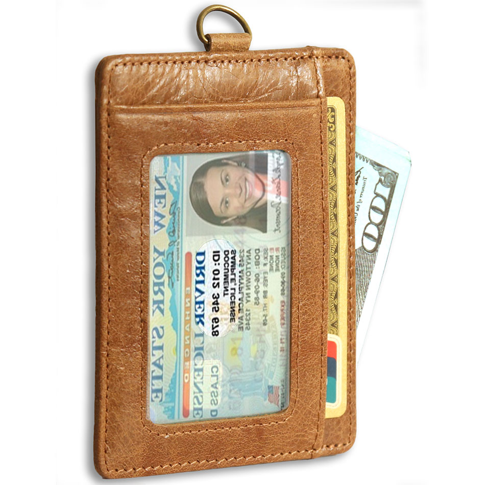 RFID ID Holder Genuine Leather Card Holder Men Credit Card Wallet Male Mini Slim Front Pocket Women Business With Key Ring