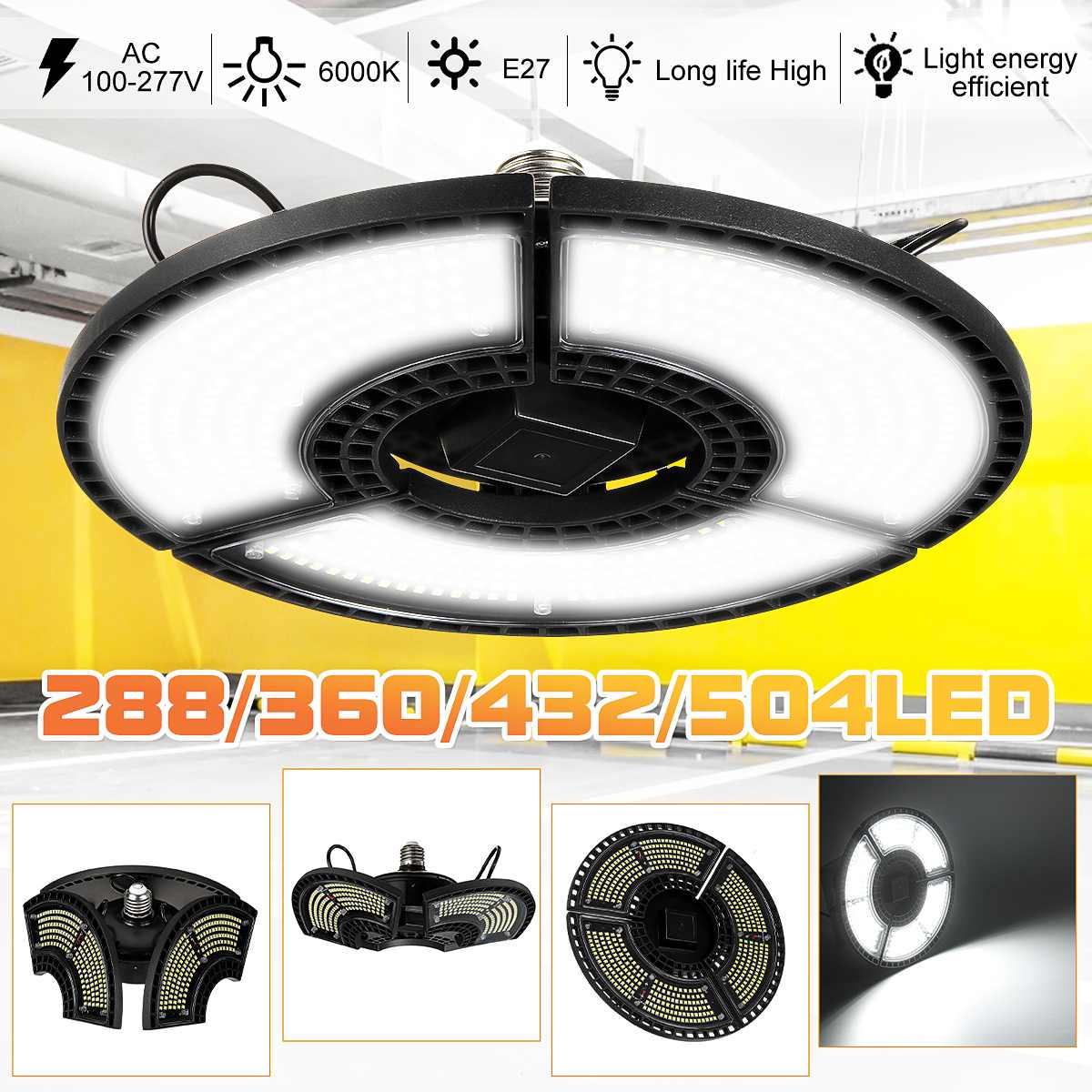 E27 Super Bright LED Garage Light Deformable Ceiling Light for Home Warehouse Workshop Folding Three-Leaf Deformation Lamp