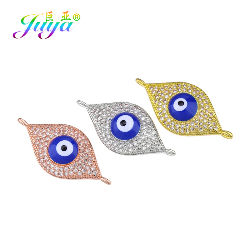 Juya DIY Micro Pave Blue Crystals Enamel Greek Turkish Evil Eye Charm Connector Accessories For Women Bracelets Earrings Making