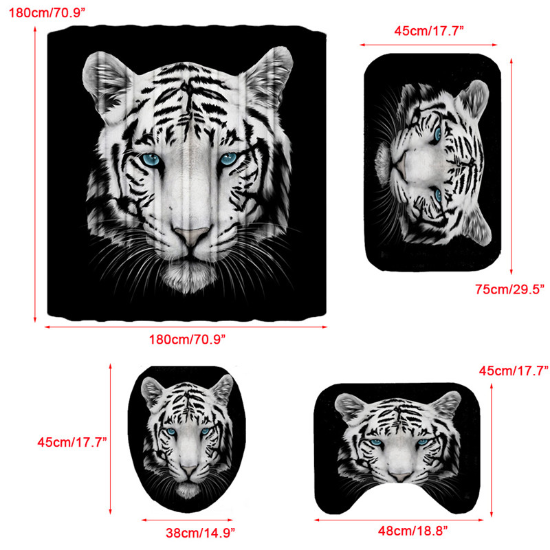 3D Print Animal Tiger Head Shower Curtains Bath Screens Waterproof Toilet Polyester Cover Mat Set Anti-Slip Bathroom Rugs Kits