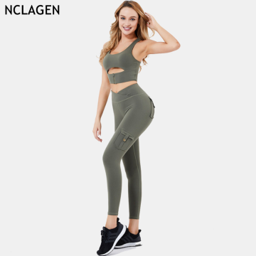 NCLAGEN Yoga Set 2 Piece Fitness Suit Sport Leggings More Pocket Top Zipper Hollow Out Gym Sportwear Elastic Workout Clothes