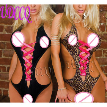 Sexy Leopard glisten PVC FAUX LEATHER Underwear Babydoll Lingerie Sheer Body Stocking Stripper Party nightclub bikini Nightwear