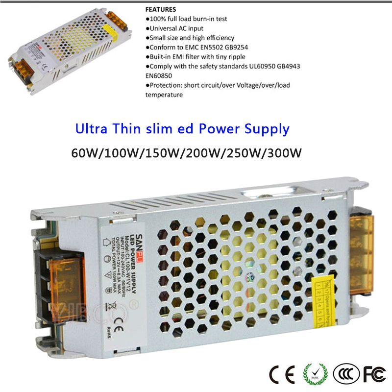High Voltage Ultra Thin Power Supply 60W/100W/150W/200W/250W/300W 110-240V led Driver for led strip light