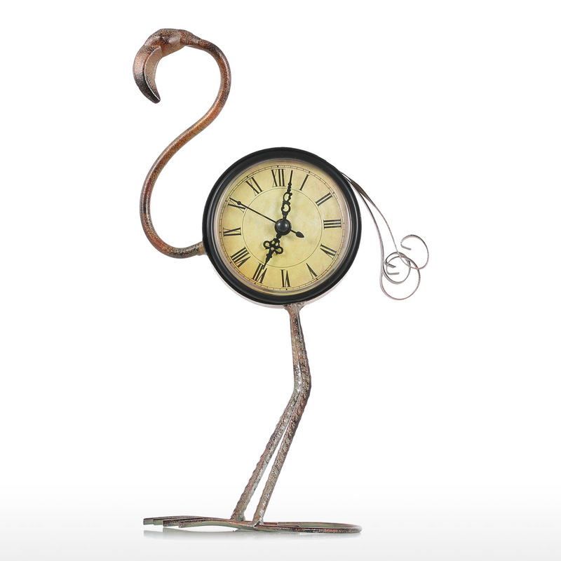 Flamingo Wrought Iron Clock Retro Desks Clock decoration Handmade Vintage Metal Home Decor Figurine Mute Table Clock WF