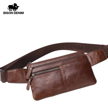 BISON DENIM Leather Waist Pack Genuine Leather Waist bag Ipad Mini Cowhide waist pack bag money belt waist pouch Men Bag W2443