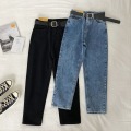 Vintage High Waist Jeans Women Solid Straight Pants Loose Casual High Street Denim Trousers Pantalon Femme Plus Size With Belt