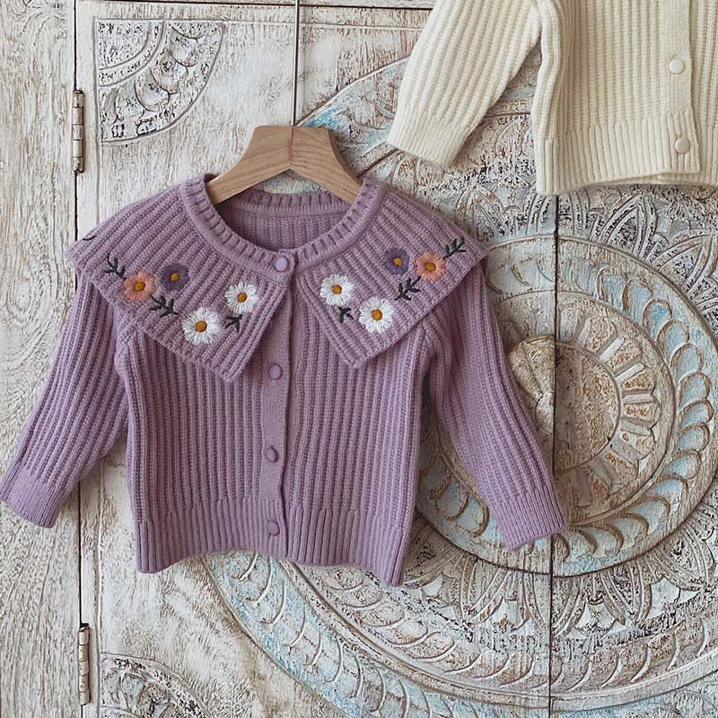 MILANCEL 2020 Baby Sweaters Ruffle Collar Infant Girls Knitwear Embroidery Baby Cardigans