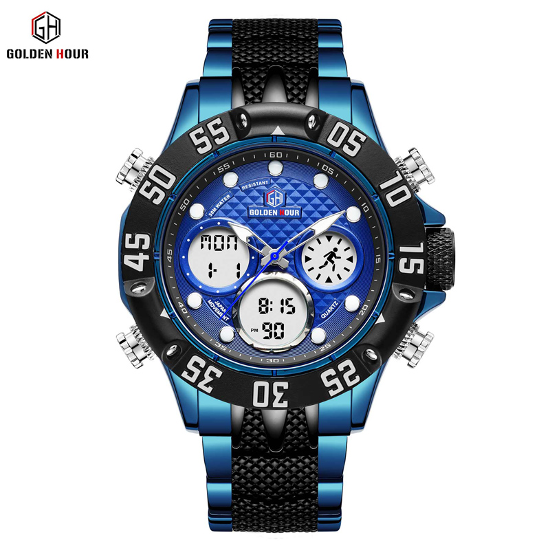 GOLDENHOUR Luxury Brand Blue Business Army Military Sport Watches Men Steel Digital Quartz Analog Watch Clock Relogios Masculino