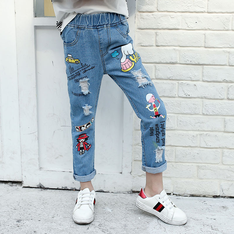 4-14 Years Girls Jeans 2019 Spring Autumn Children Broken Hole Pants Kids Cartoon Denim Trousers