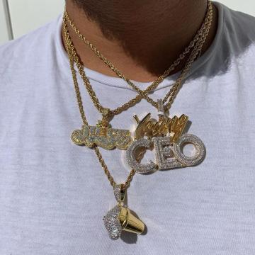 High quality Hip hop bling men jewelry 5A cubic zirconia iced out bling baguette cz Young CEO pendant necklace rope tennis chain