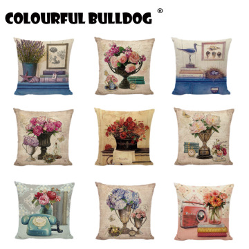 Linen Blend Vintage Flower Vase Pillow Cover Car Waist Back Cushion Cover Home Decorative Throw Fax Machine Pillowcases For Sofa