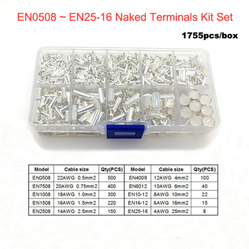 1755pcs Copper tube bare crimp terminals Electric naked cord end terminal wire connector cable ferrules EN0508~25-16 kit 22-4AWG