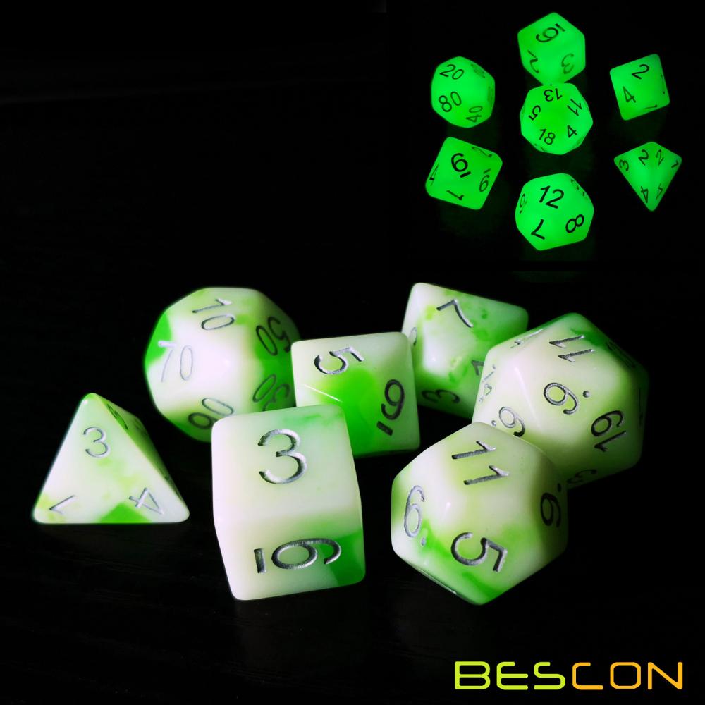 Bescon Glowing Polyhedral RPG Dice Set Luminous Jade, Bescon Glow in Dark Poly Dice Set of 7, DND Role Playing Game Dice