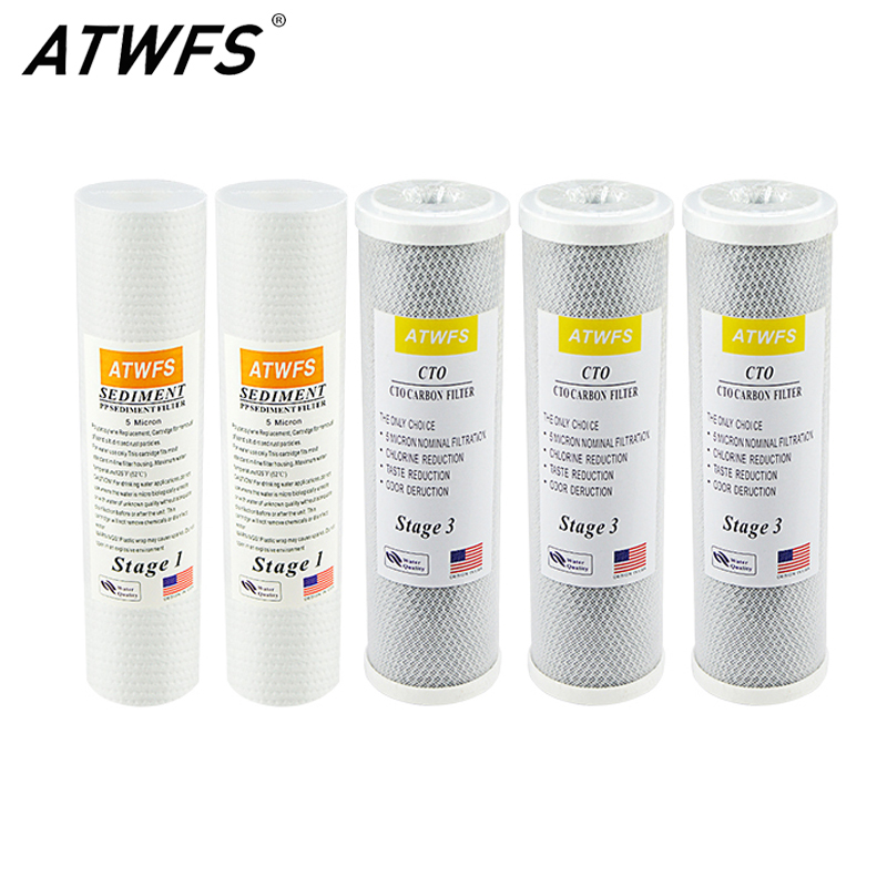 ATWFS Water Filter Cartridge for Reverse Osmosis Filter 2pcs 5 micron filter ppf +3pcs CTO carbon cartridge