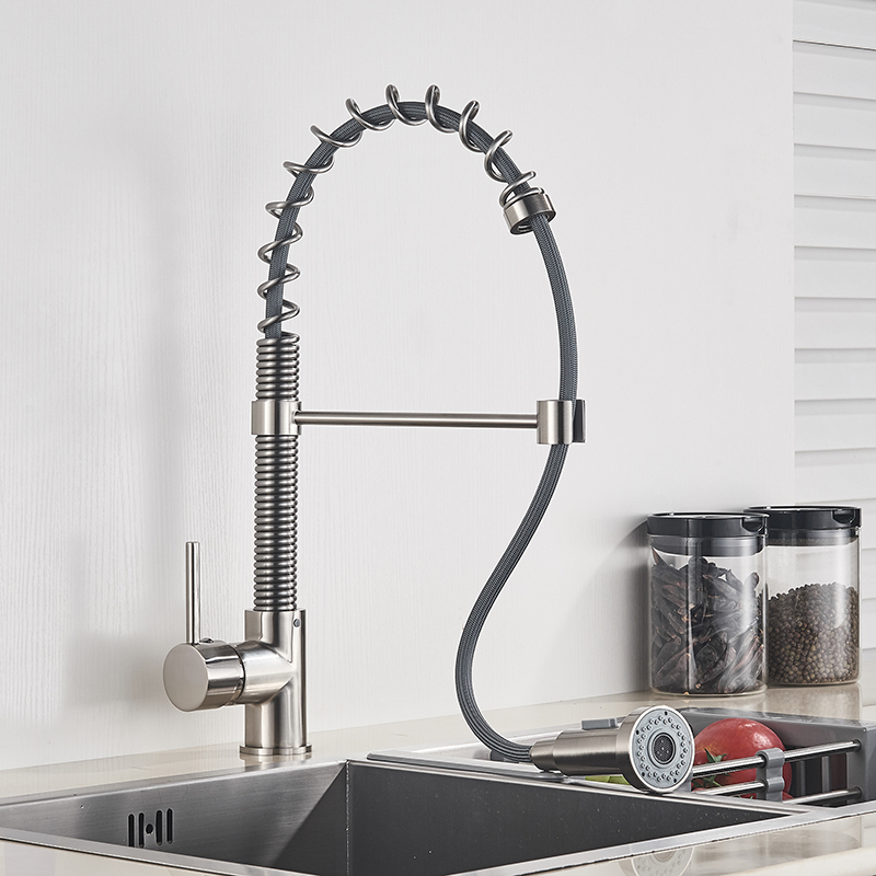 Senlesen Chrome Brass Kitchen Faucet Spring Hose Double Spout Pull Down Single Handle Vessel Sink Kitchen Mixer Taps