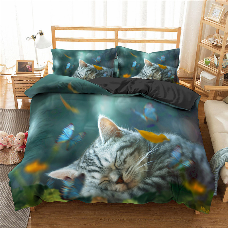 ZEIMON Lovely Cat Butterfly 3D Duvet Cover Sets Quilt Covers Set Bedding Set King Queen Full Double Single Size for Home