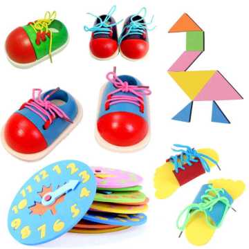 Hot Sale Kids Montessori Educational Toys Children Wooden Toys Toddler Lacing Shoes Early Education Montessori Teaching Aids