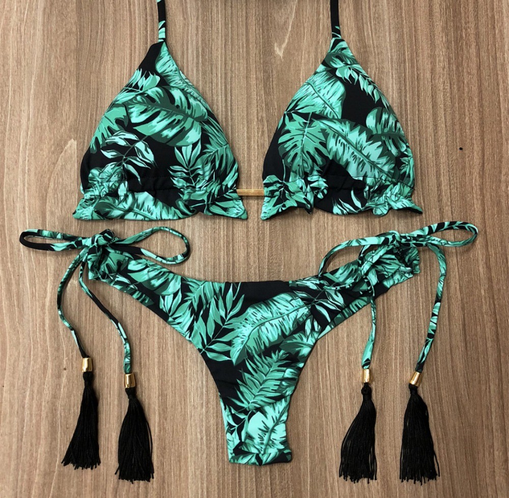 Women's Sexy Bikini Swimsuit Bronzing Printed Tassel Lace Split Bikini Push-up Beachwear Swimwear Swimwear#40