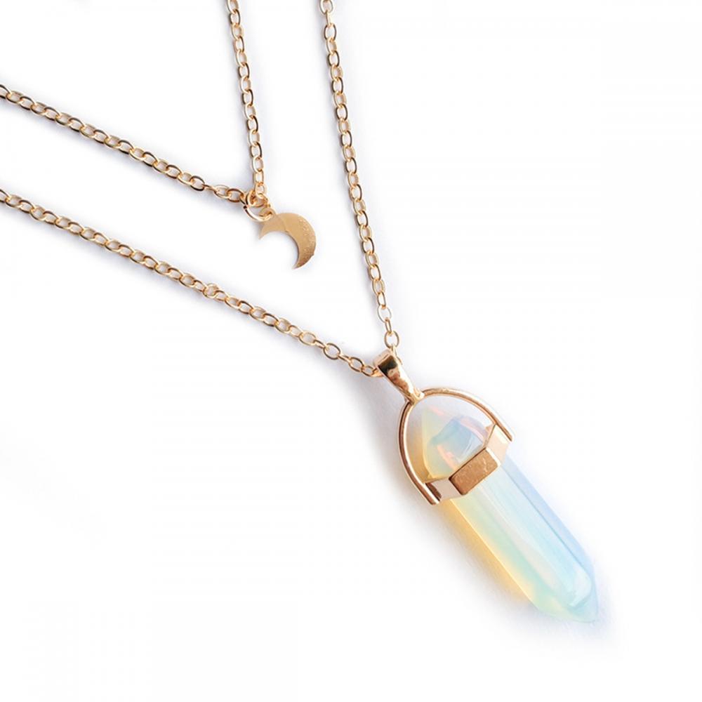 Healing Chakra Gemstone Pointed Hexagonal Pendant Layered Crystal Moon Necklace Gold Metal Chain Choker Jewelry for women Girl