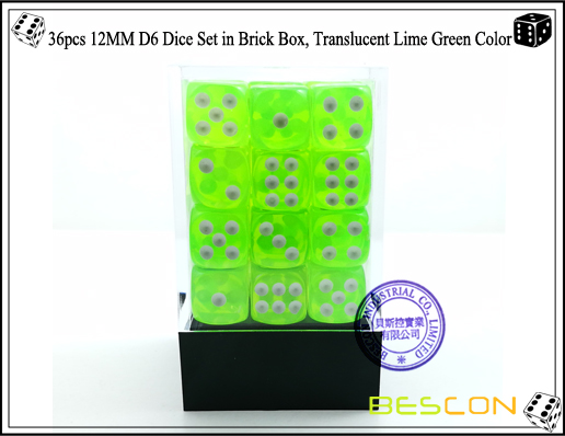 36pcs 12MM D6 Dice Set in Brick Box, Translucent Lime Green Color-2