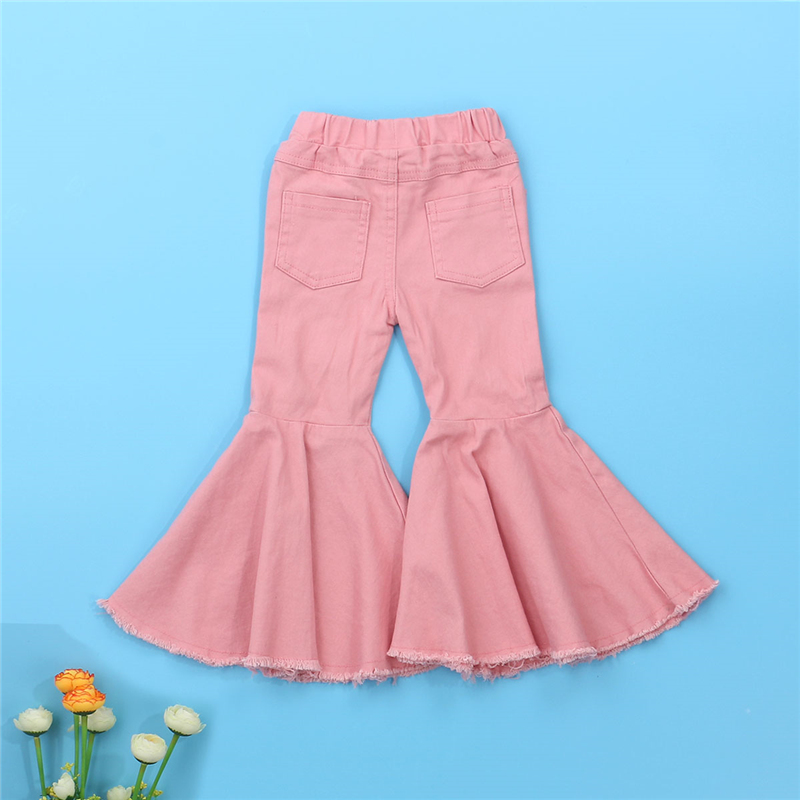 2020 Autumn Fashion Toddler Baby Girls Jeans Pants 2-7Y Solid Hole Long Elastic High Waist Flare Pants 4 Colors