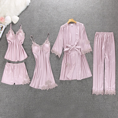 Daeyard Women Pajamas 5 Pieces Satin Pajamas Sets Sleepwear Silk Home Wear Embroidery Sleep Lounge Lace Pyjama with Chest Pads
