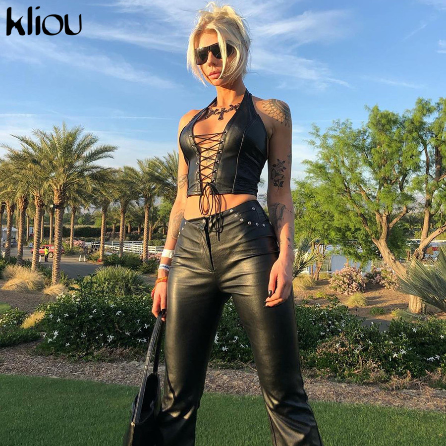 Kliou 2019 new fashion Sexy black PU leather Bandage hollow out crop tops women camisole stretch tees Slim Soft tank tops