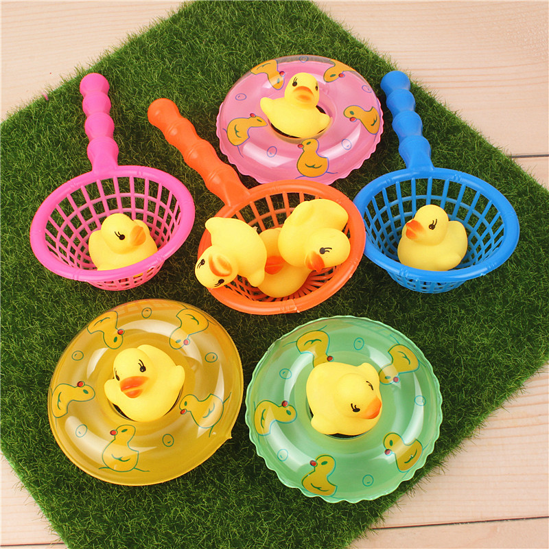 5Pcs/set kids Floating Bath Toys Mini Swimming Rings Rubber Yellow Ducks Fishing Net Washing Swimming Toddler Toys Water Fun